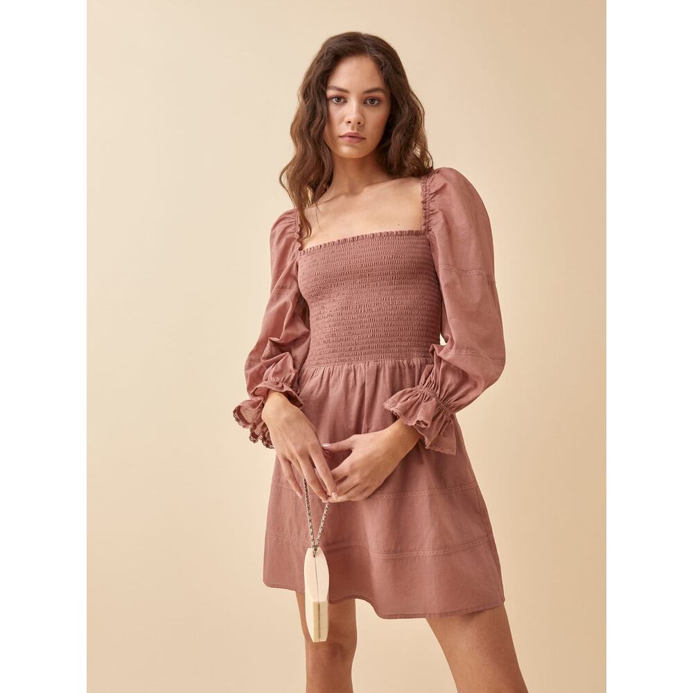 Reformation Dunes Praline Smocked Long Sleeveβ Mini Dress Size 4 NWT
